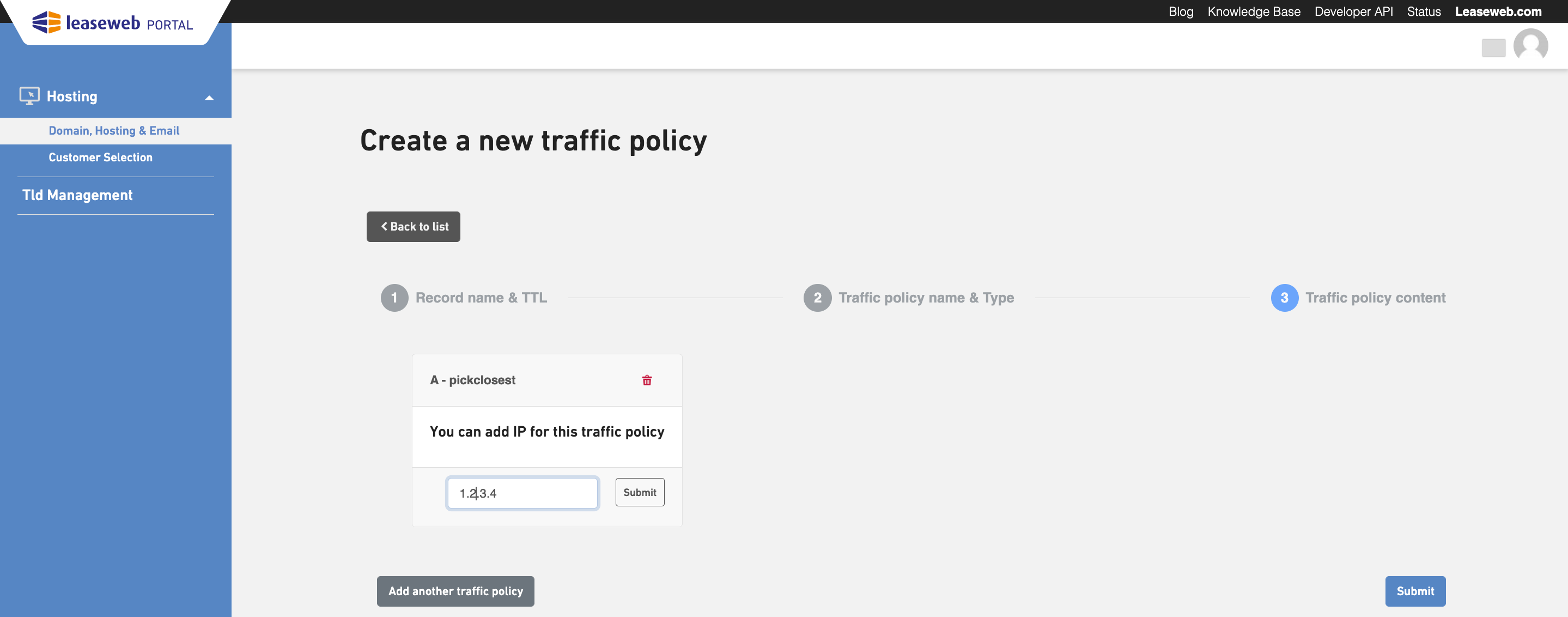 submit new dns record traffic policy