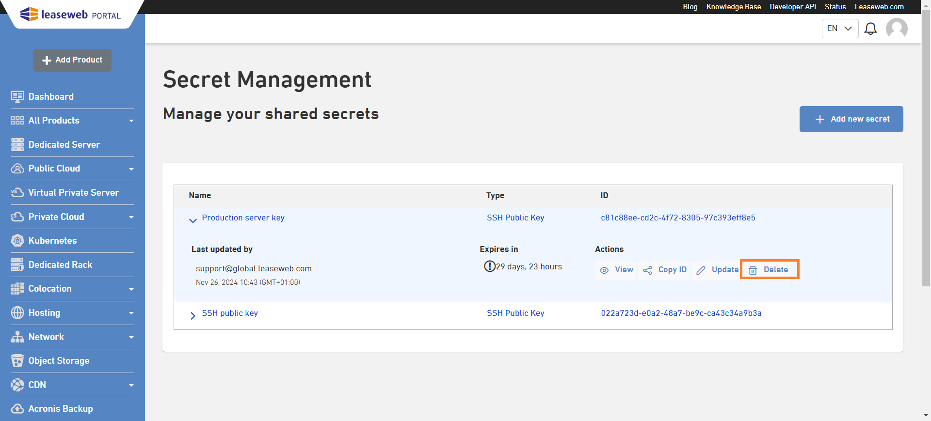 Customer Portal Secret Management - Knowledge Base - Leaseweb