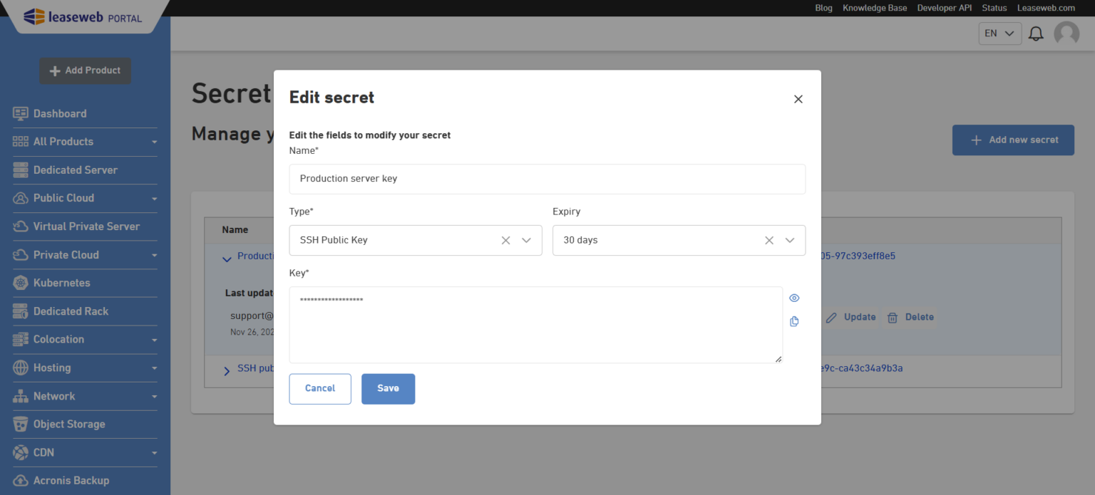 Customer Portal Secret Management - Knowledge Base - Leaseweb
