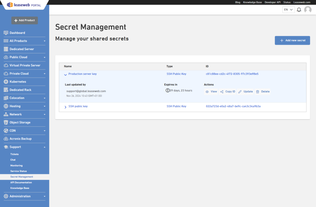 Secret management page