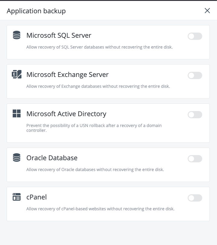 Application Backup Settings