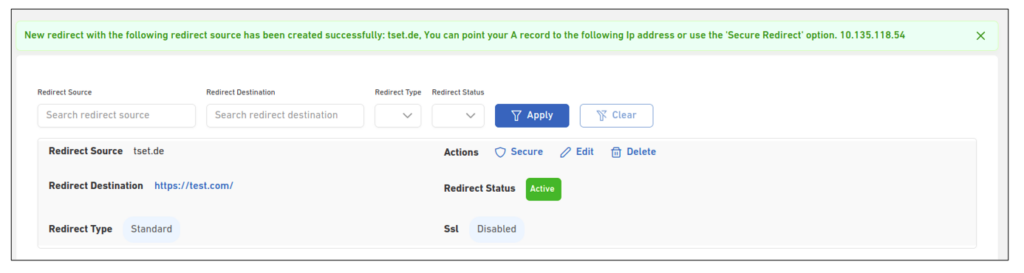 Redirecting Domain Name 9 create redirectsuccess