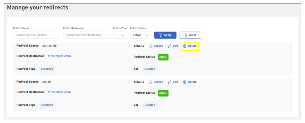 Redirecting Domain Name 34 delete redirect button 1