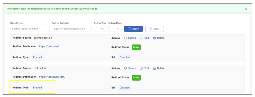 Redirecting Domain Name 27 edit redirec type success