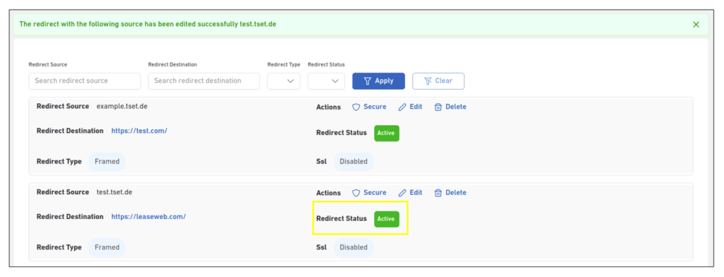 Redirecting Domain Name 32 edit redirect status success